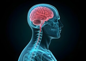 3D Medical Illustration of Human Brain and Spine Anatomy in Transparent Side View