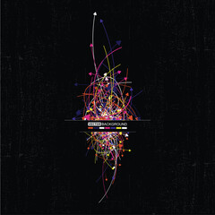 Abstract vector background with dynamic multicolored arrows and chaotic lines on black textured surface. Concept of data flow, technology, movement, or communication.