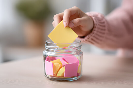 Woman’s hand placing pastel sticky note in a glass jar. Concept of positive messages, memory storage, or daily affirmations.