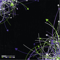 Abstract vector background with dynamic multicolored arrows and chaotic lines on black textured surface. Concept of data flow, technology, movement, or communication.