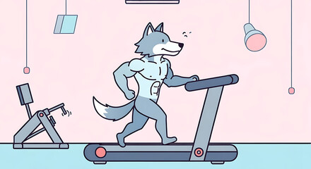 A strong muscle wolf cartoon character diligently running on a treadmill, focusing on a cardio workout and fitness in a modern gym. generated-image(217).png