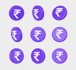 3d Purple coin with white Rupee symbol, representing Indian currency and finance. 3d illustration