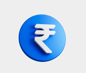 3d Blue coin with white Rupee symbol, representing Indian currency and finance. 3d illustration