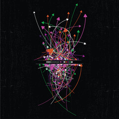 Abstract vector background with dynamic multicolored arrows and chaotic lines on black textured surface. Concept of data flow, technology, movement, or communication.