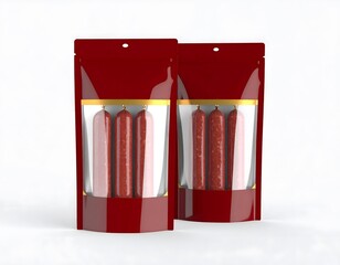 Realistic gourmet sausages packed in a glossy standing pouch with a die-cut transparent window, zipper top seal, dark red packaging with gold accents, premium food packaging mockup style.