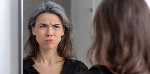 Fototapeta premium Middle-aged woman with gray hair frowning at her reflection. Concept of aging, emotions, and self-perception in natural light.