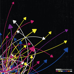 Abstract vector background with dynamic multicolored arrows and chaotic lines on black textured surface. Concept of data flow, technology, movement, or communication.