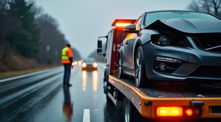 Broken Car on Tow Truck in Rain
