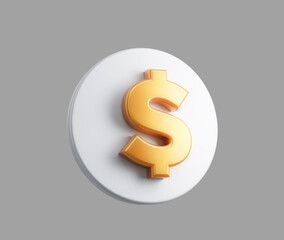 3d White circular button with a golden dollar symbol in the center. 3D Illustration.