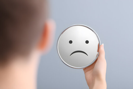 Person holding sad face emoji in front of mirror. Represents hidden emotions, depression, or social masking of feelings.