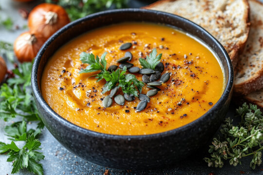 Bowl of roasted buttered carrot soup with bread and parsley. - Powered by Adobe