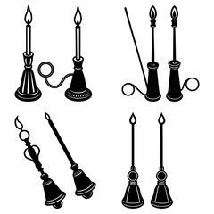Naklejka premium Illustration of various antique candle holders with lit candles in a black and white graphic design style