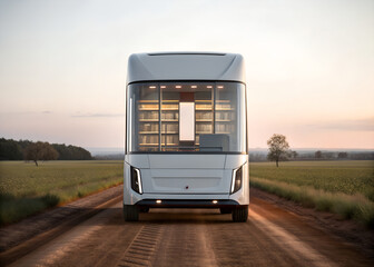 Futuristic white bus with a library inside driving on a dirt road at sunset vehicle