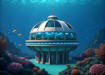 Futuristic underwater biodome research facility with marine life and coral reefs ocean
