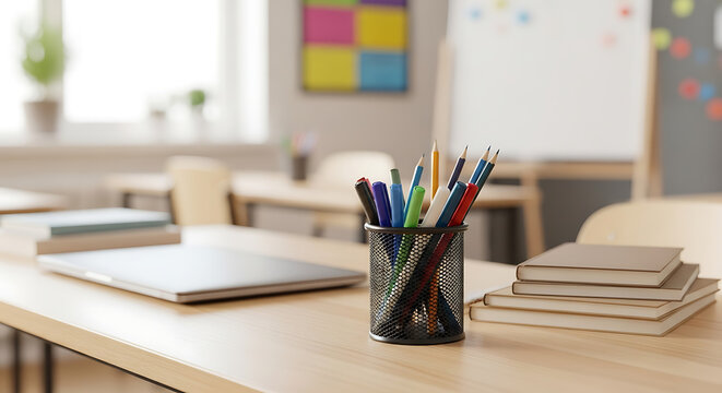 A classroom scene featuring desks with books and a pencil holder in a bright and airy environment back to school ai generated