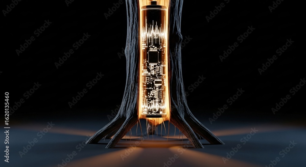 Poster glowing circuit board inside of a tree for futuristic technology.