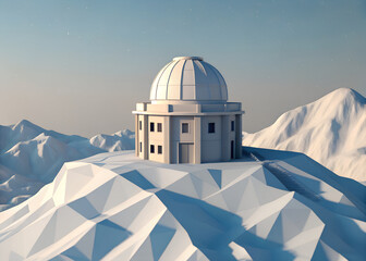 Geometric white observatory building on a snow-covered mountain peak under a clear sky