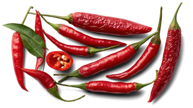 red chili pepper and sliced twisting mid-air with a few sharp green leaves