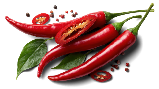 red chili pepper and sliced twisting mid-air with a few sharp green leaves