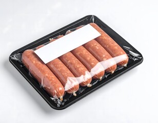 realistic sausage links in black plastic tray with clear film cover, product label on top, clean white background, professional food packaging style, grocery store look. 