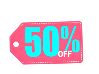 Fresh Arrival: A Compelling 50% Off Blue Text and Pink Tag Design, Optimized for Sales and Marketing Campaigns with a Convenient Transparent Background.