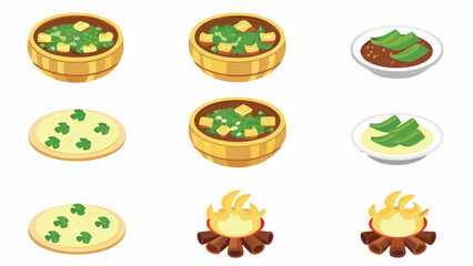 Illustration showing bowls of soup, flatbreads, and campfires arranged in a three by three grid