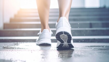 Close-up of sneaker toes dynamically climbing concrete stairs