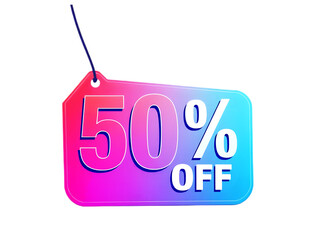 Unlock Savings: A Bold New 50% Off Message Featuring a Distinctive Purple and Blue Tag, Designed with a Transparent Background for Flexible Application.