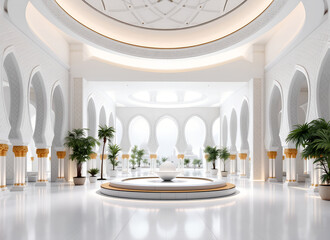 Grand white hall with arched doorways, golden columns, and a central fountain interior