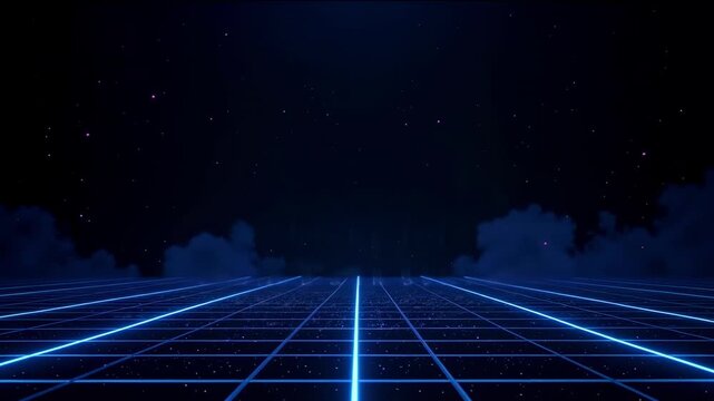 Thanks for watching neon text on a retro grid with stars and a dark blue and purple background