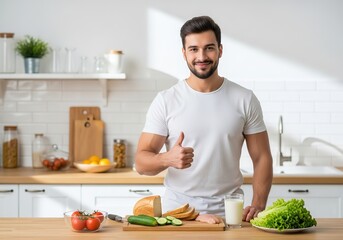 Healthy man in kitchen gives thumbs up while preparing fresh ingredients for a wholesome meal