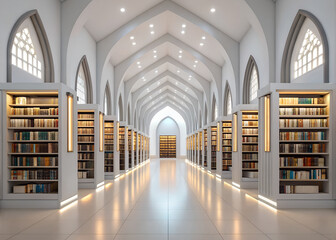 Grand library interior with arched ceilings, rows of bookshelves, and ambient lighting