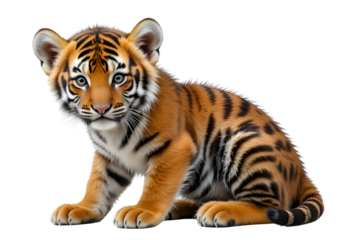  Sumatran tiger cub sitting with curious expression– Isolated Transparent PNG