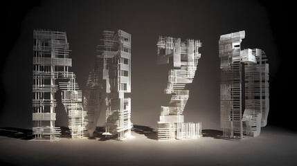 Silhouetted typographic structures stand upright