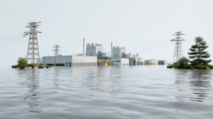 Factory Flooding Under Threat: An industrial factory surrounded by rising floodwaters under a cloudy sky, representing the challenges posed by climate change and environmental devastation. 