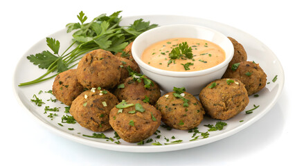 Delicious falafel balls plated with creamy dipping sauce and fresh parsley ready to serve