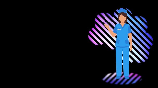Friendly female nurse in medical uniform waving hand and smiling. Flat vector animation of healthcare professional greeting.