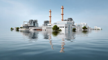 Power Plant on Water: A striking industrial power plant, a symbol of modern energy production, stands majestically on a water, its architectural prowess echoing a future-forward vision.