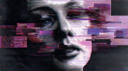 self-portrait with glitch feedback loops and digital echo patterns around the head