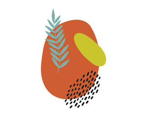 Abstract Graphic Composition with Orange Blob, Green Element, Leaf and Dots, Modern Style, Vector Illustration