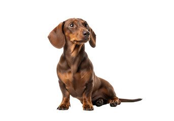 Young adult smooth-haired brown dachshund dog with floppy ears, sitting upright, head tilted, hind leg extended, on a transparent isolated studio background, soft lighting, no shadows, professional