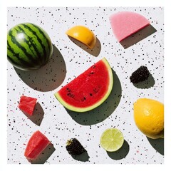Assorted fresh fruit slices arranged on a speckled surface