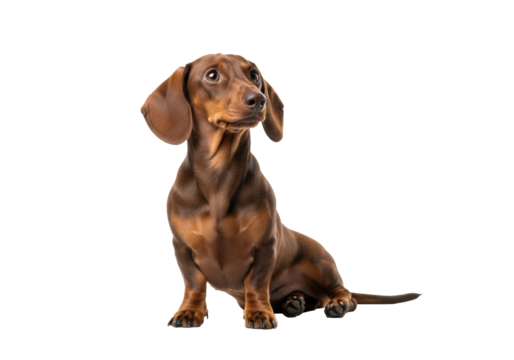 Young adult smooth-haired brown dachshund dog with floppy ears, sitting upright, head tilted, hind leg extended, on a transparent isolated studio background, soft lighting, no shadows, professional