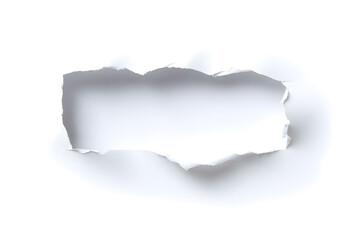 Torn white paper hole with jagged edges, isolated on white. Perfect concept for breakthrough, destruction, or creative reveal visuals.