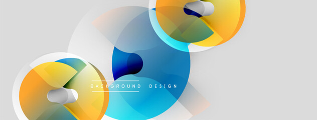 Abstract shapes overlap, creating vibrant blue, orange gradients. Minimalist design with light gray background. Modern composition.