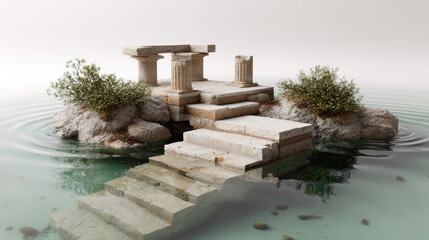 Ancient Ruin by the Water: A photorealistic image of ancient architecture, featuring weathered stone steps leading to a classical ruin surrounded by clear, tranquil water.