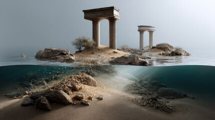 Seashore Ruins: Two ancient structures gracefully emerge from a serene sea, the lower half unveiling the mysterious underwater realm. Revealing both above and below the surface