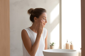Fototapeta premium Attractive woman gently applying face serum in bright bathroom, representing skincare, beauty routine, and self-care in modern lifestyle.