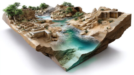 Ancient City Diorama: A meticulously crafted diorama showcases an ancient city, revealing a cross-section of its architectural and natural beauty. the scene captures the grandeur of a bygone era.