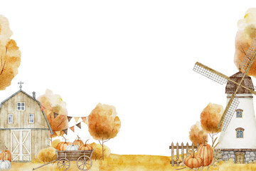 Watercolor Card Template with farm Landscape, pumpkins, windmill, and cart. Illustration of autumn rustic scene for thanksgiving or harvest invitations and seasonal greeting cards. Art with fall trees